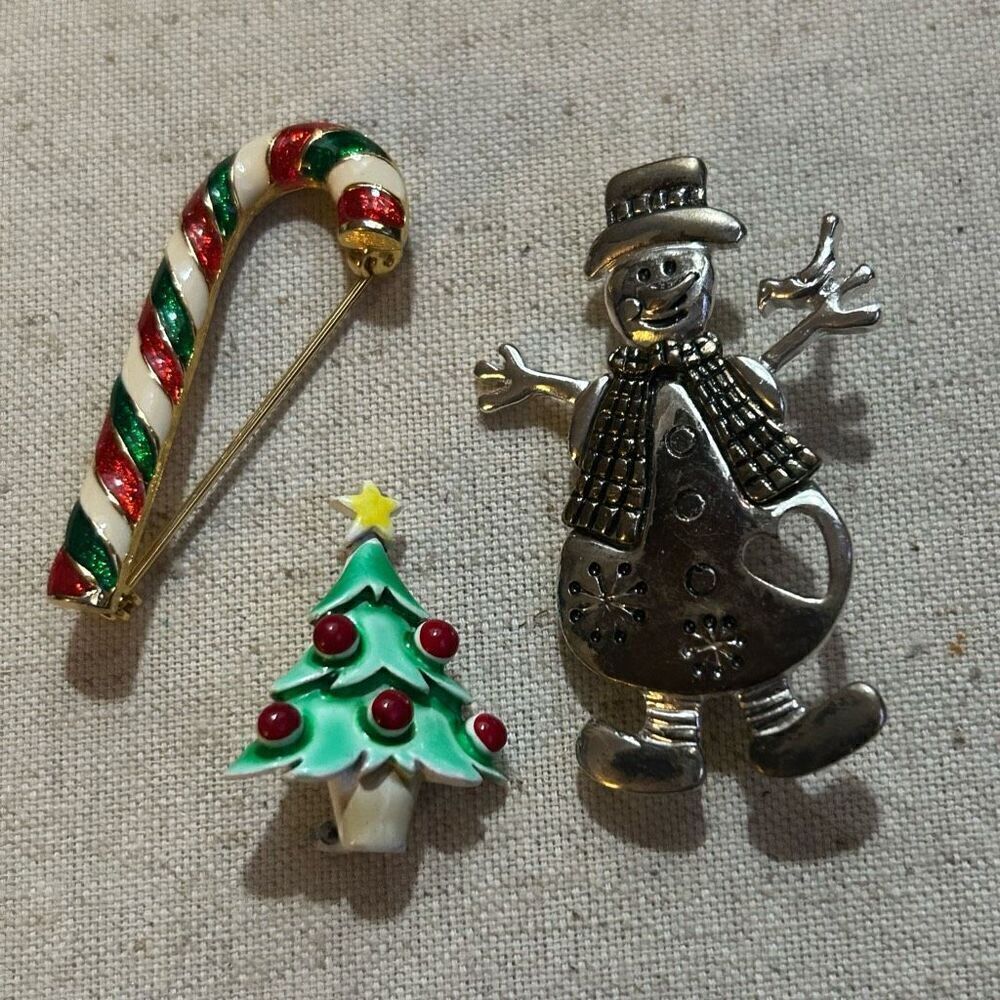 Lot Of 3 Vtg Christmas Theme Brooches Snowman Candy Cane & Christmas Tree